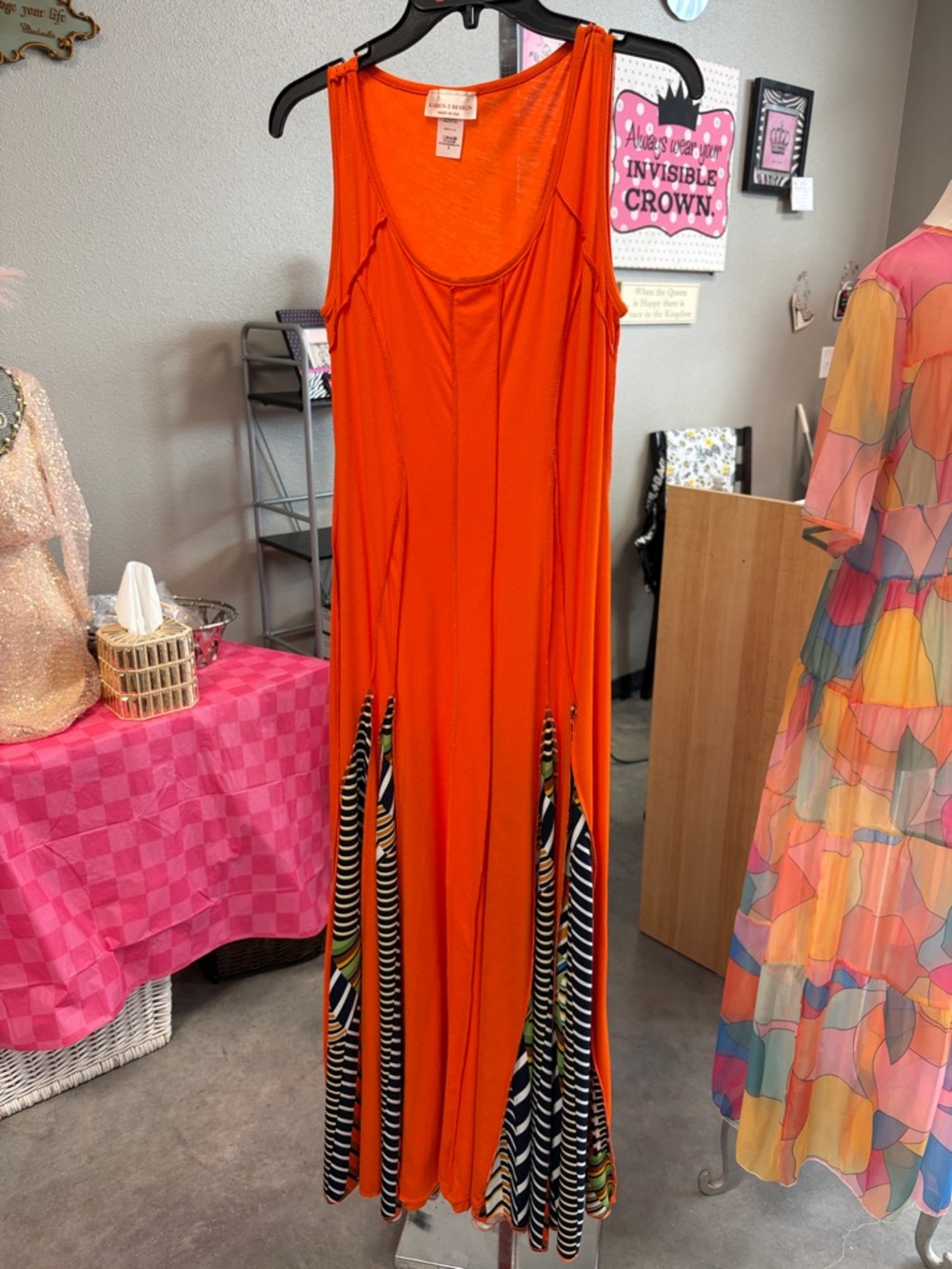 Sleeveless Orange Maxi Dress with Striped Inset Panels by REMA